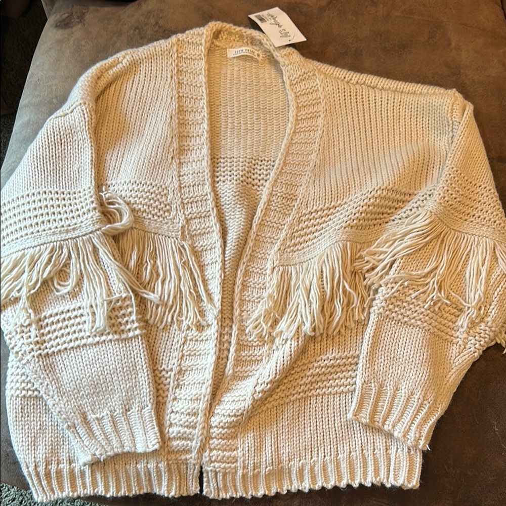12th Tribe Cream Knit Cardigan with Fringe
